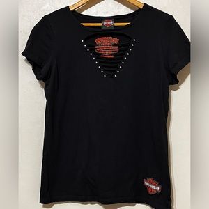Harley Davidson Women’s Black Tshirt Size L Studded V- Neckline